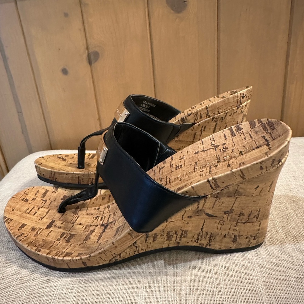 BCBGeneration Black and Cork Wedge Sandals